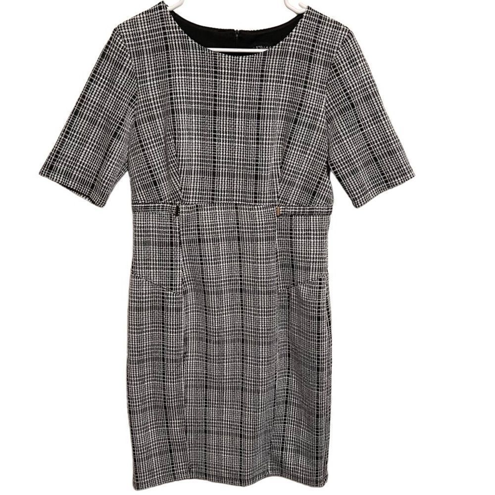 Stella & Julie- Women’s Black and White Faux Tweed Sheath Zip Back Dress, Size 8